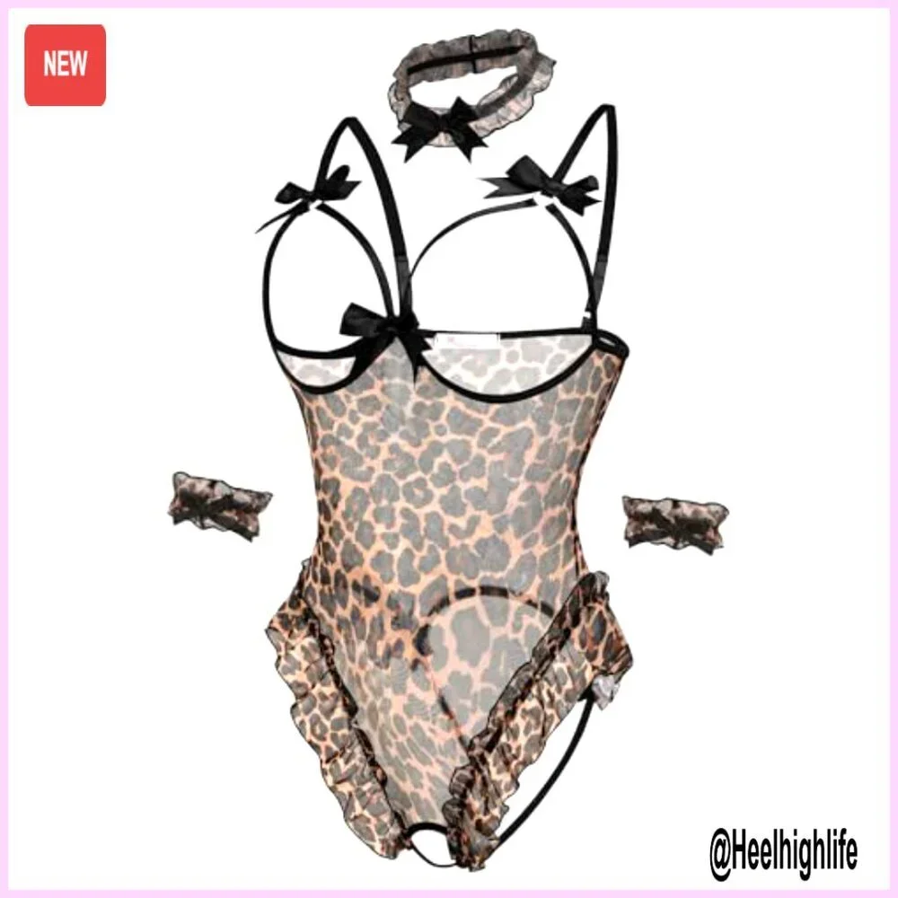 Sheer Mesh Bodysuit Set with Detachable Collar and Cuffs